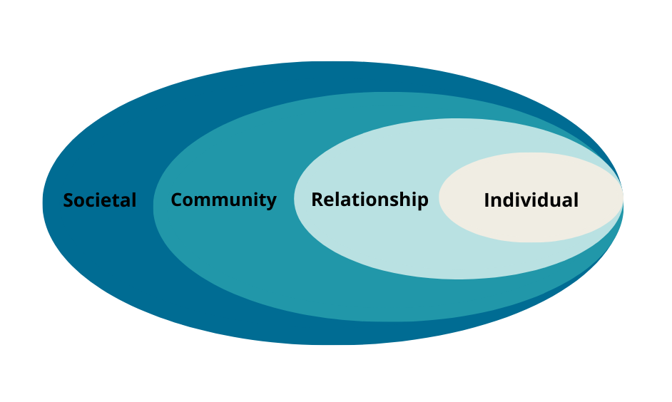 A graphic showing concentric circles, with the innermost labeled as Individual, then Relationship, then Community, then Societal